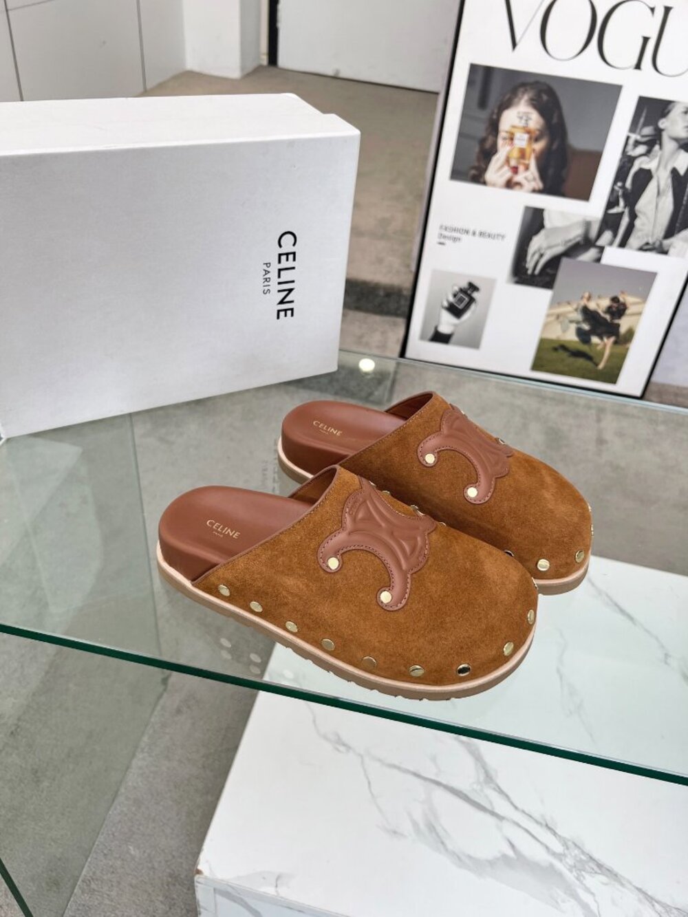 CELINE Calfskin Leather Triomphe Embossed Mules Slides Slippers - Picture 3 of 8